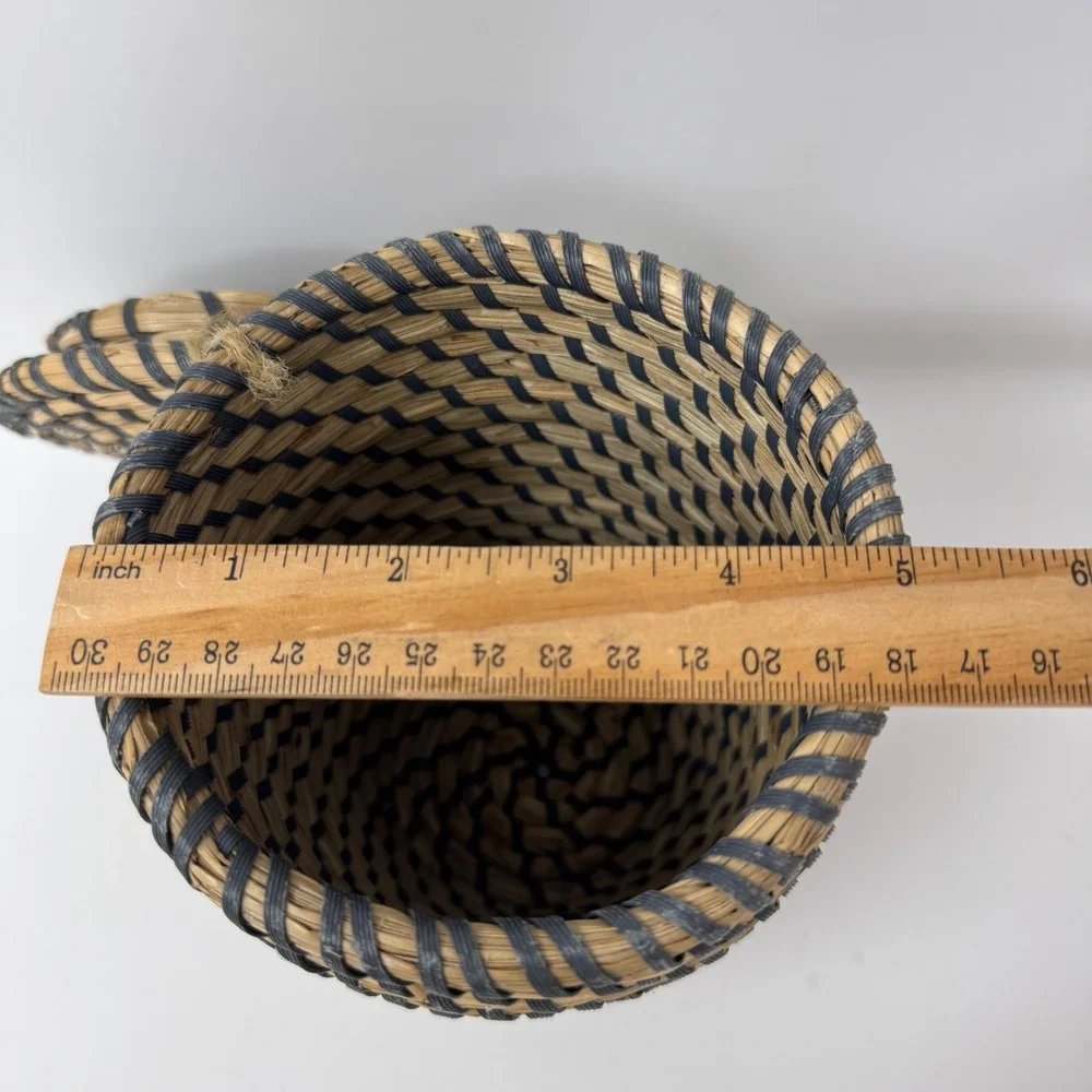 Handwoven Coiled Grass Basket with Tethered Lid – Natural & Black